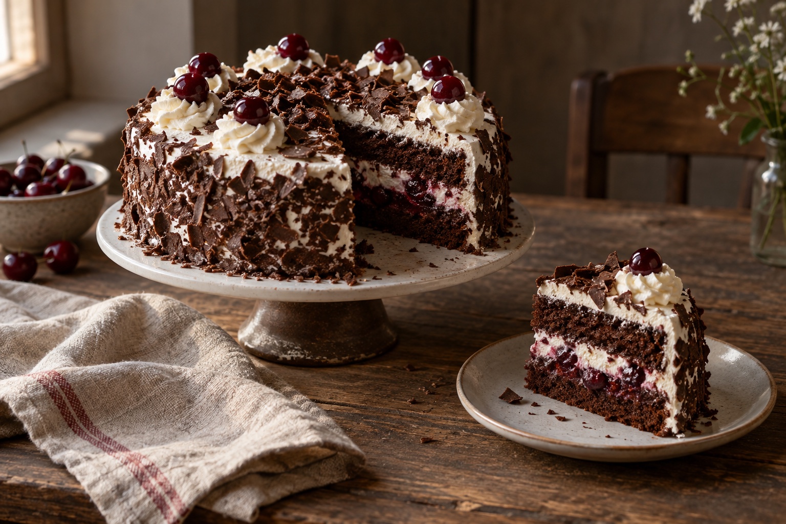 Black Forest cake with cherries and chocolate