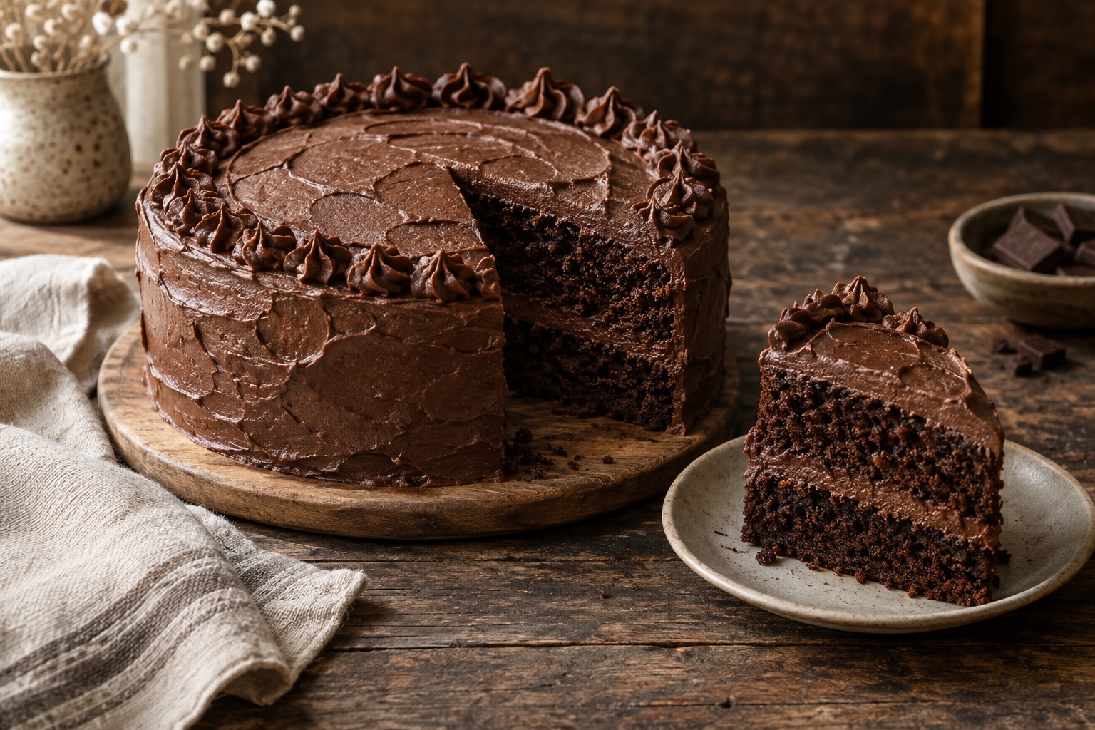 Belgian chocolate cake with a slice showing the layers