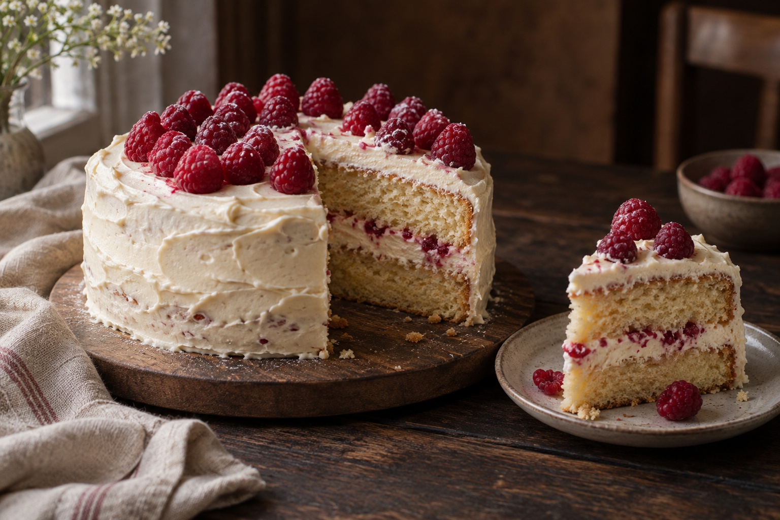 Raspberry celebration cake with cream frosting