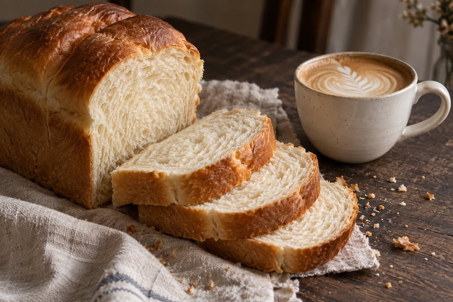 A flat white alongside freshly sliced milk bread