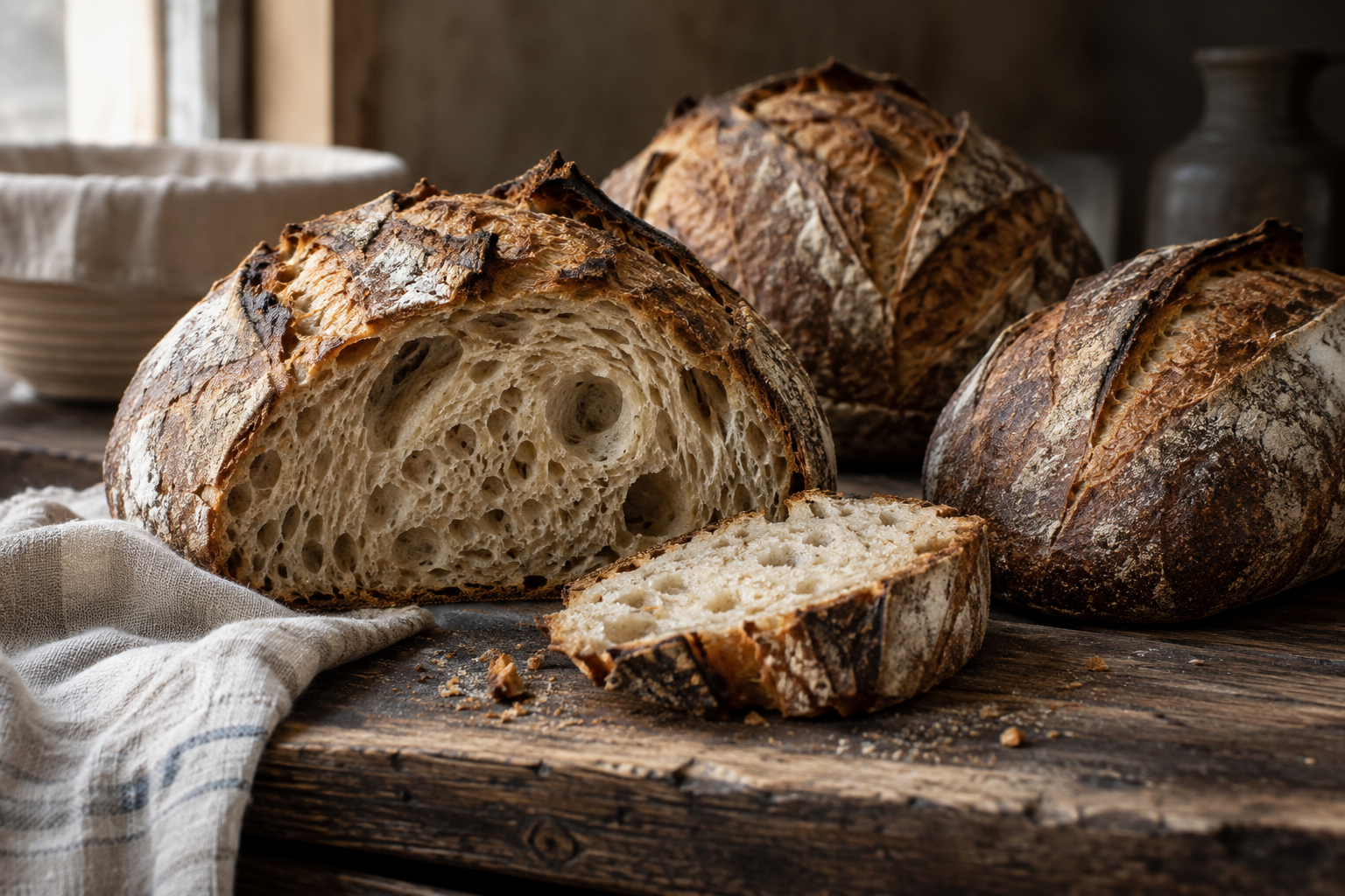 Round artisan sourdough loaves with a sliced loaf on a bakery counter